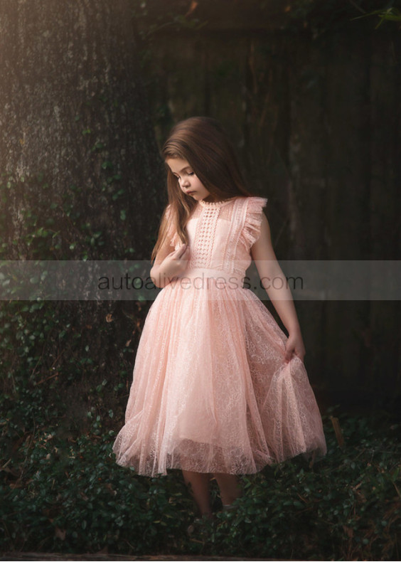 Peach Lace Tea Length Flower Girl Dress